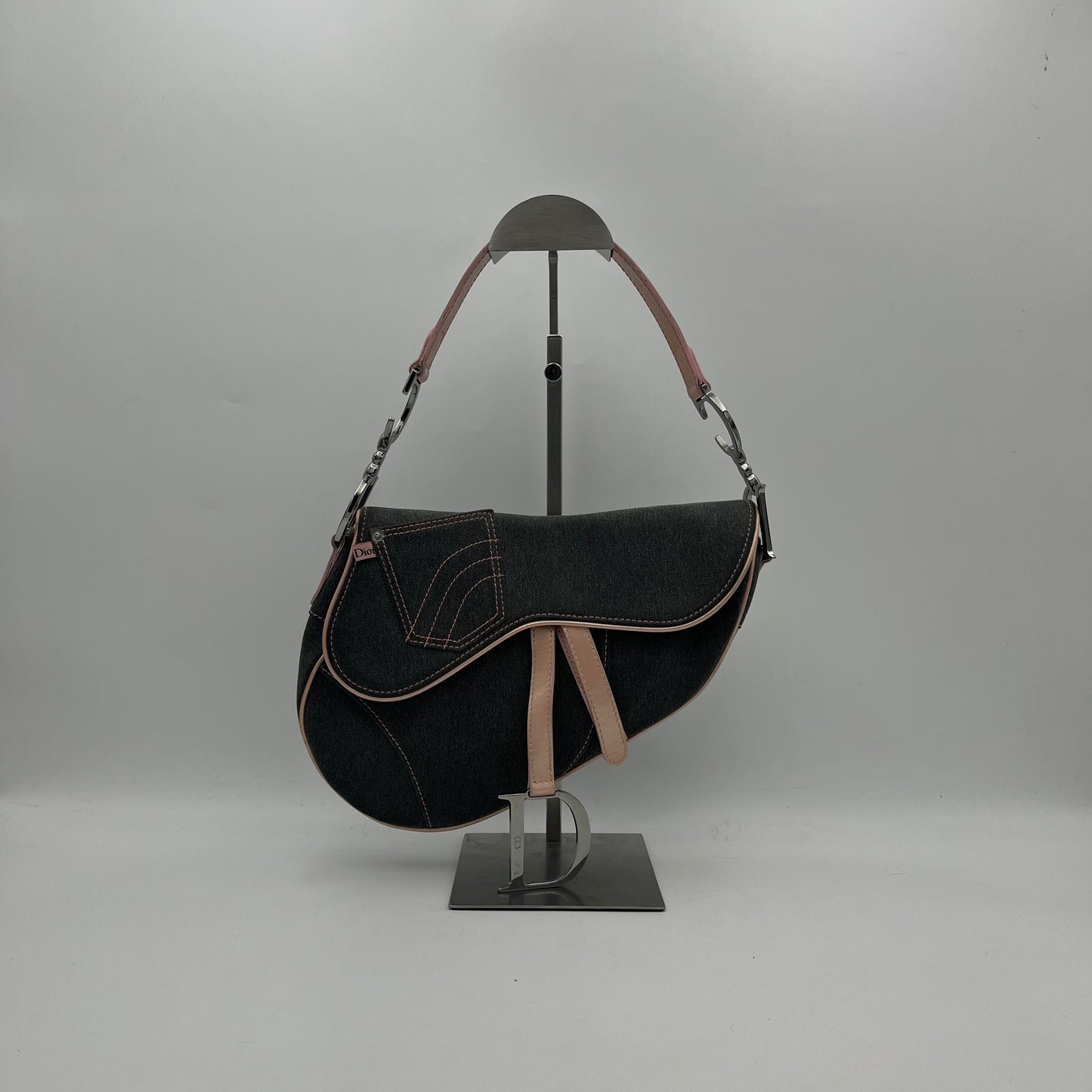 Christian Dior Gray Denim Pink Leather Pocket Saddle
