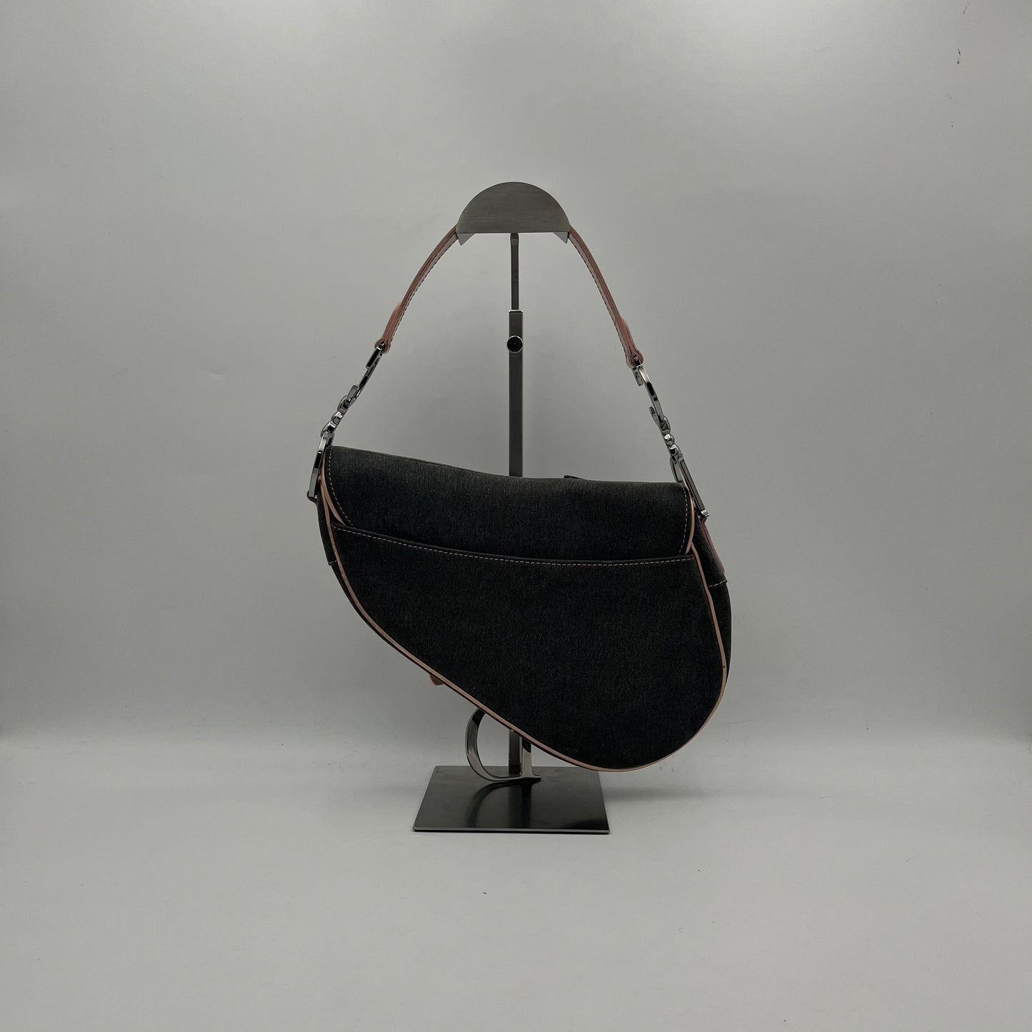 Christian Dior Gray Denim Pink Leather Pocket Saddle