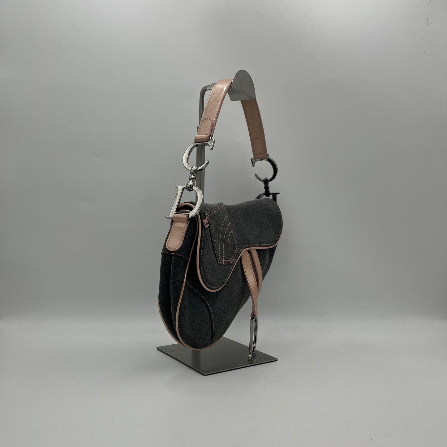 Christian Dior Gray Denim Pink Leather Pocket Saddle