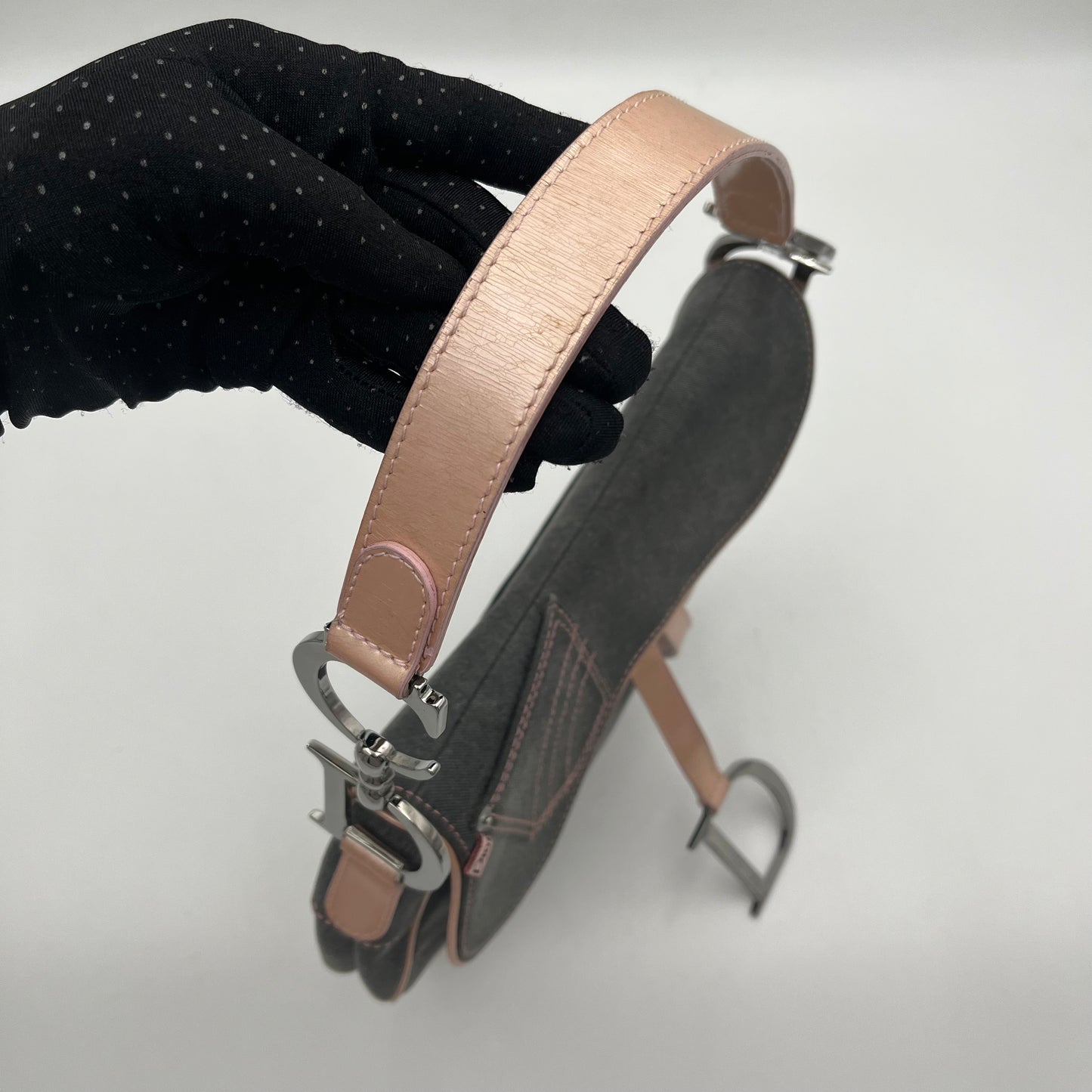 Christian Dior Gray Denim Pink Leather Pocket Saddle