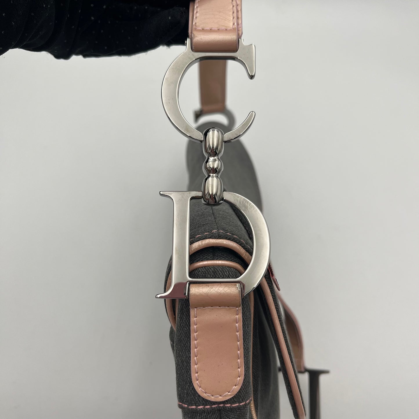 Christian Dior Gray Denim Pink Leather Pocket Saddle