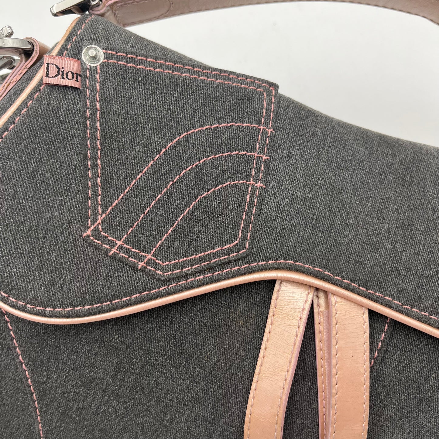 Christian Dior Gray Denim Pink Leather Pocket Saddle