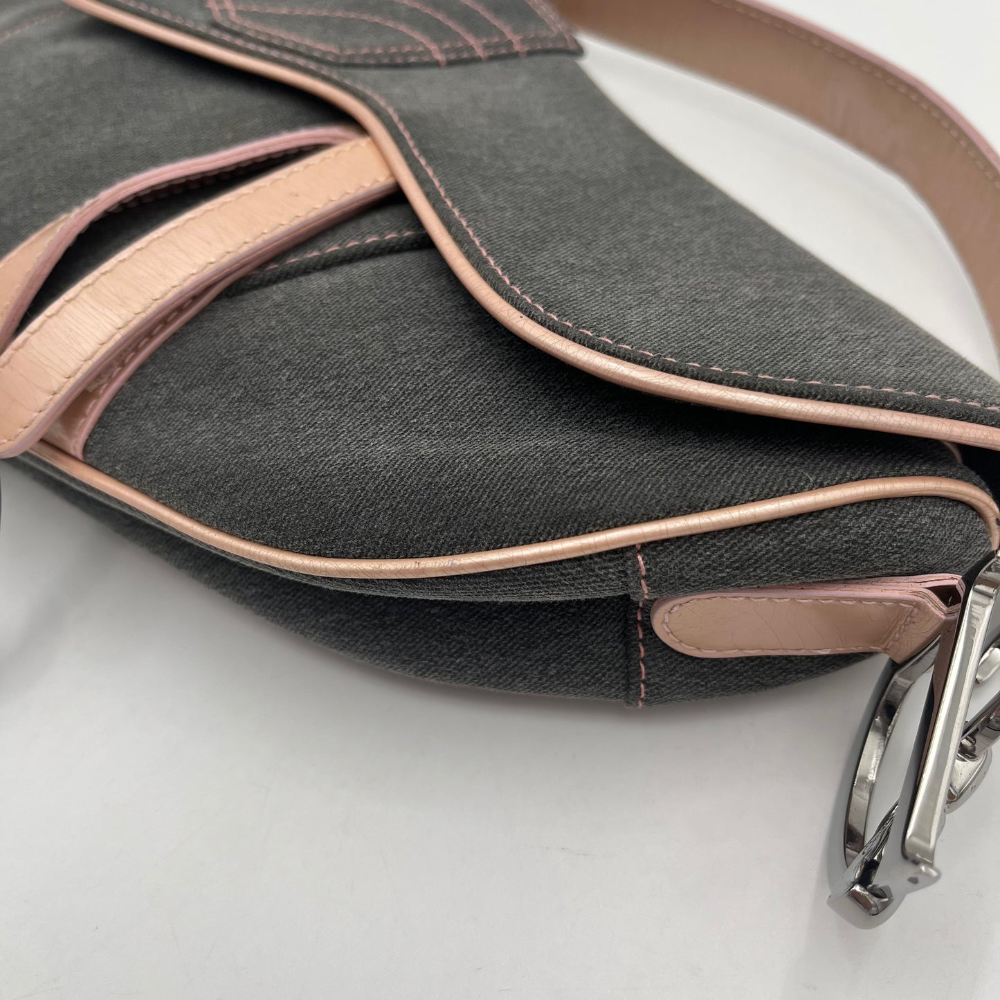 Christian Dior Gray Denim Pink Leather Pocket Saddle