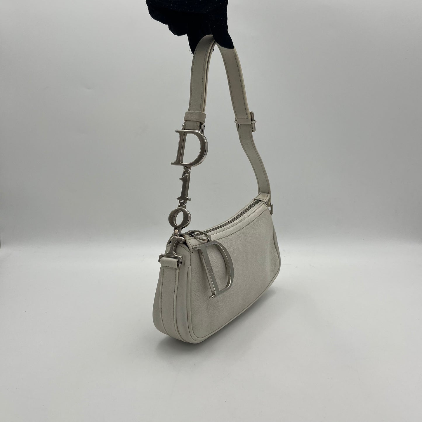 Christian Dior White Leather Spellout Charm Pochette