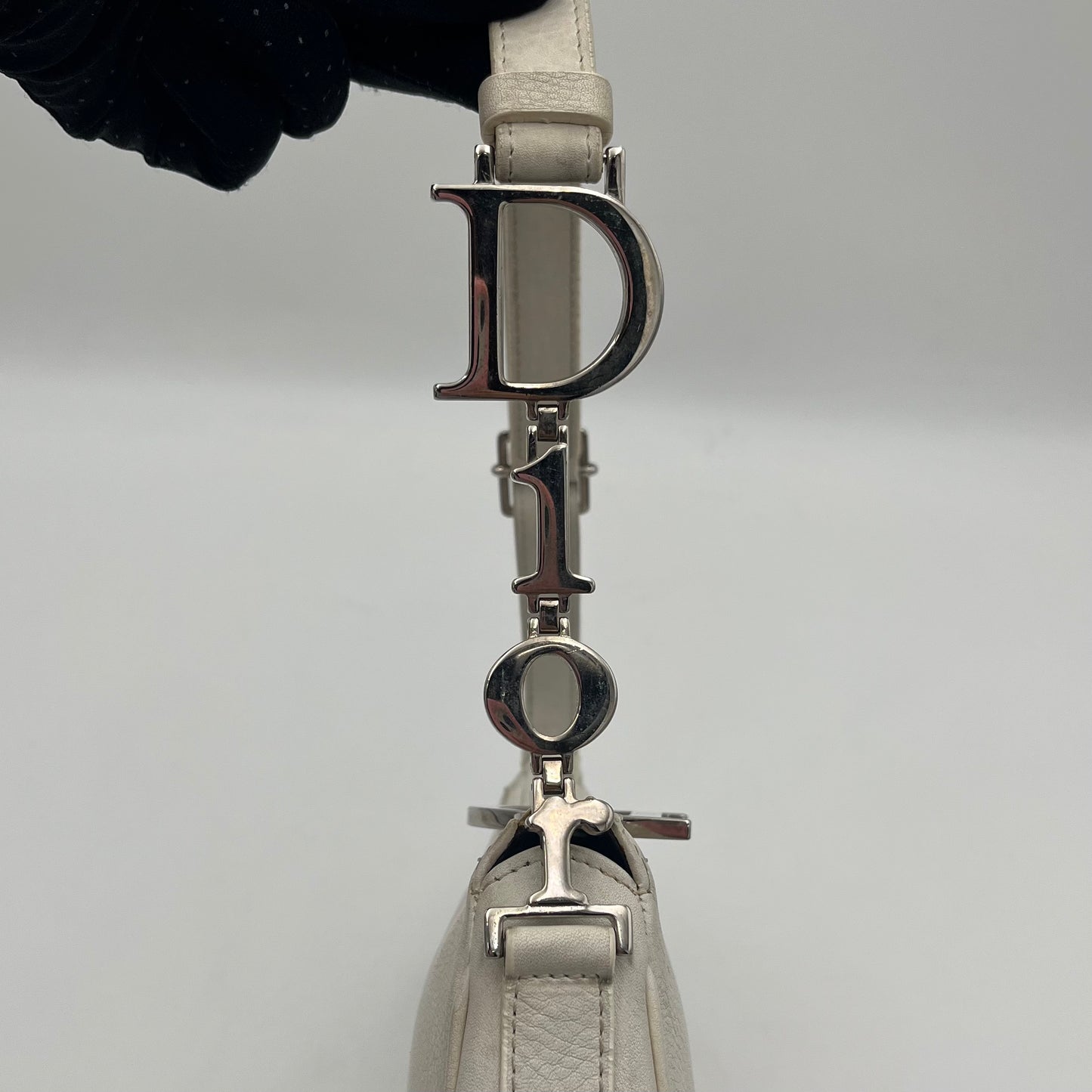 Christian Dior White Leather Spellout Charm Pochette