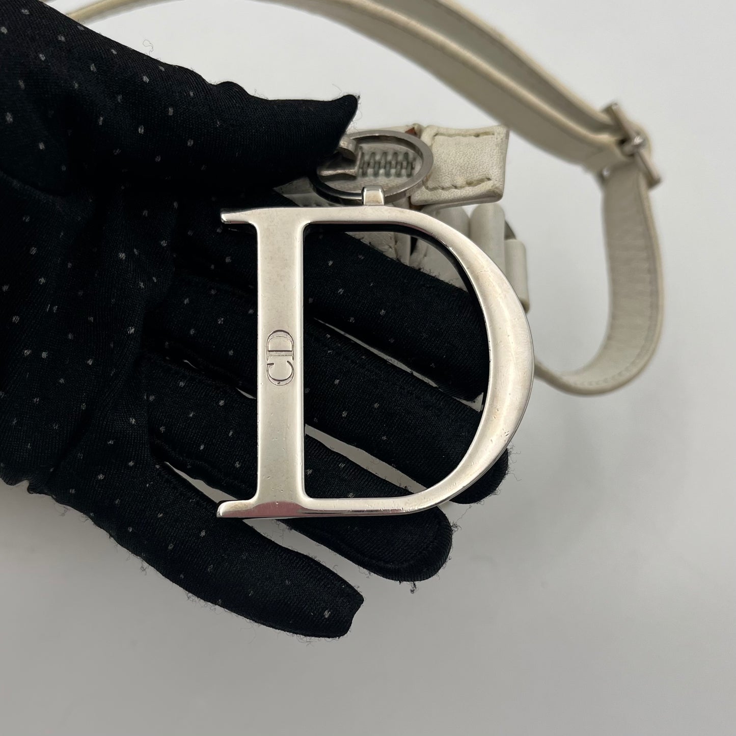 Christian Dior White Leather Spellout Charm Pochette