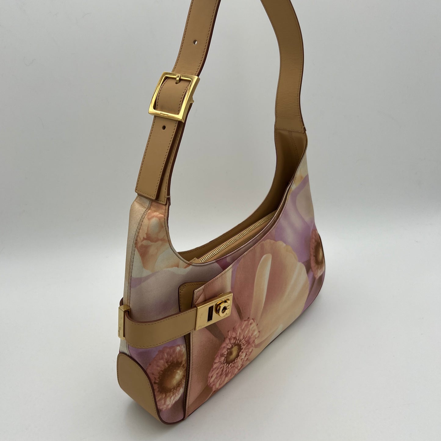Salvatore Ferragamo Pink Floral Print Gancini Hobo Shoulder Bag