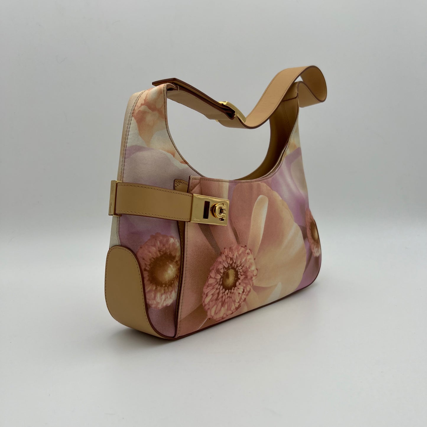 Salvatore Ferragamo Pink Floral Print Gancini Hobo Shoulder Bag