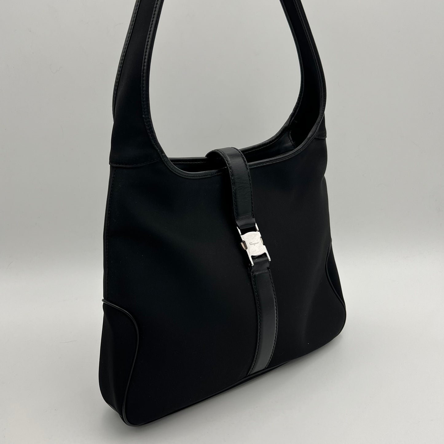 Salvatore Ferragamo Black Vara Nylon and Leather Hobo Shoulder Bag