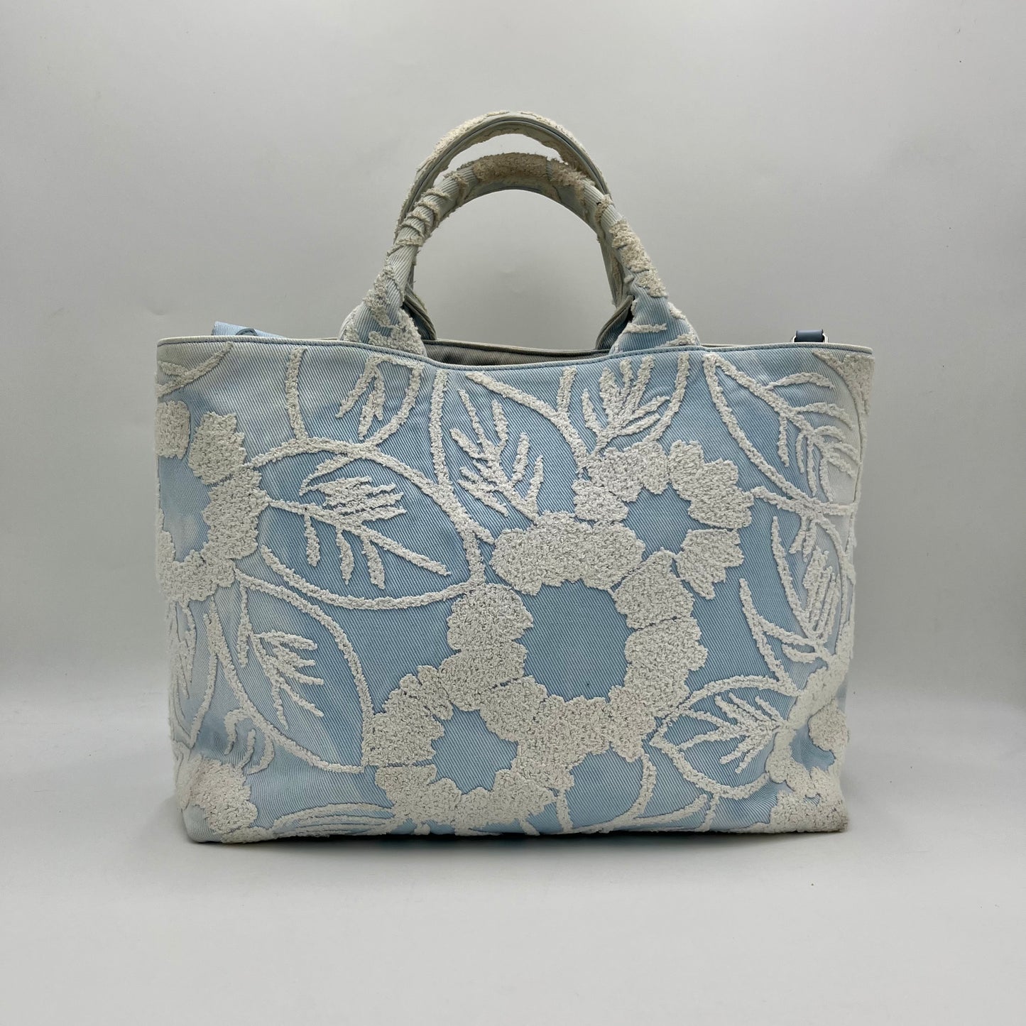 Prada Blue Embroidered Drill Tote with Sling