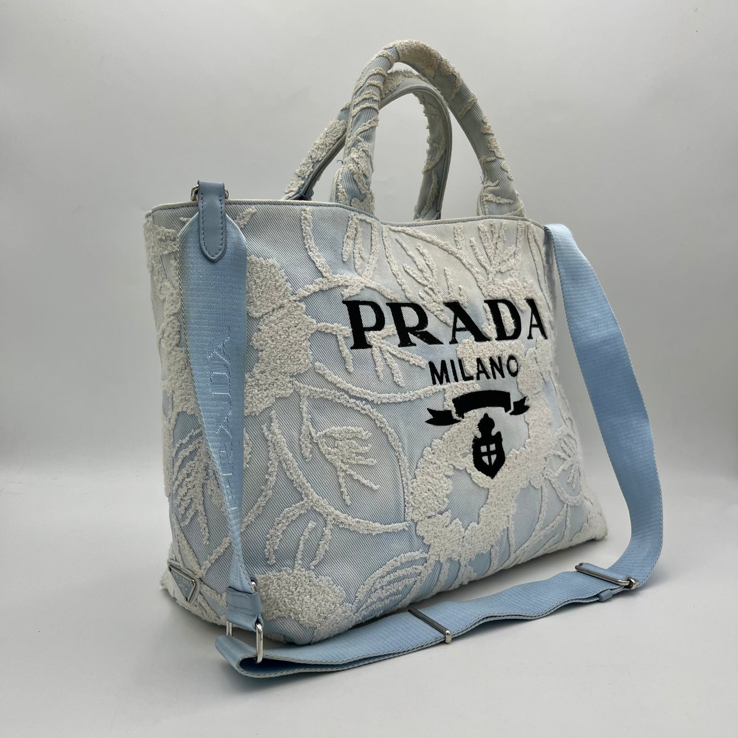 Prada Blue Embroidered Drill Tote with Sling