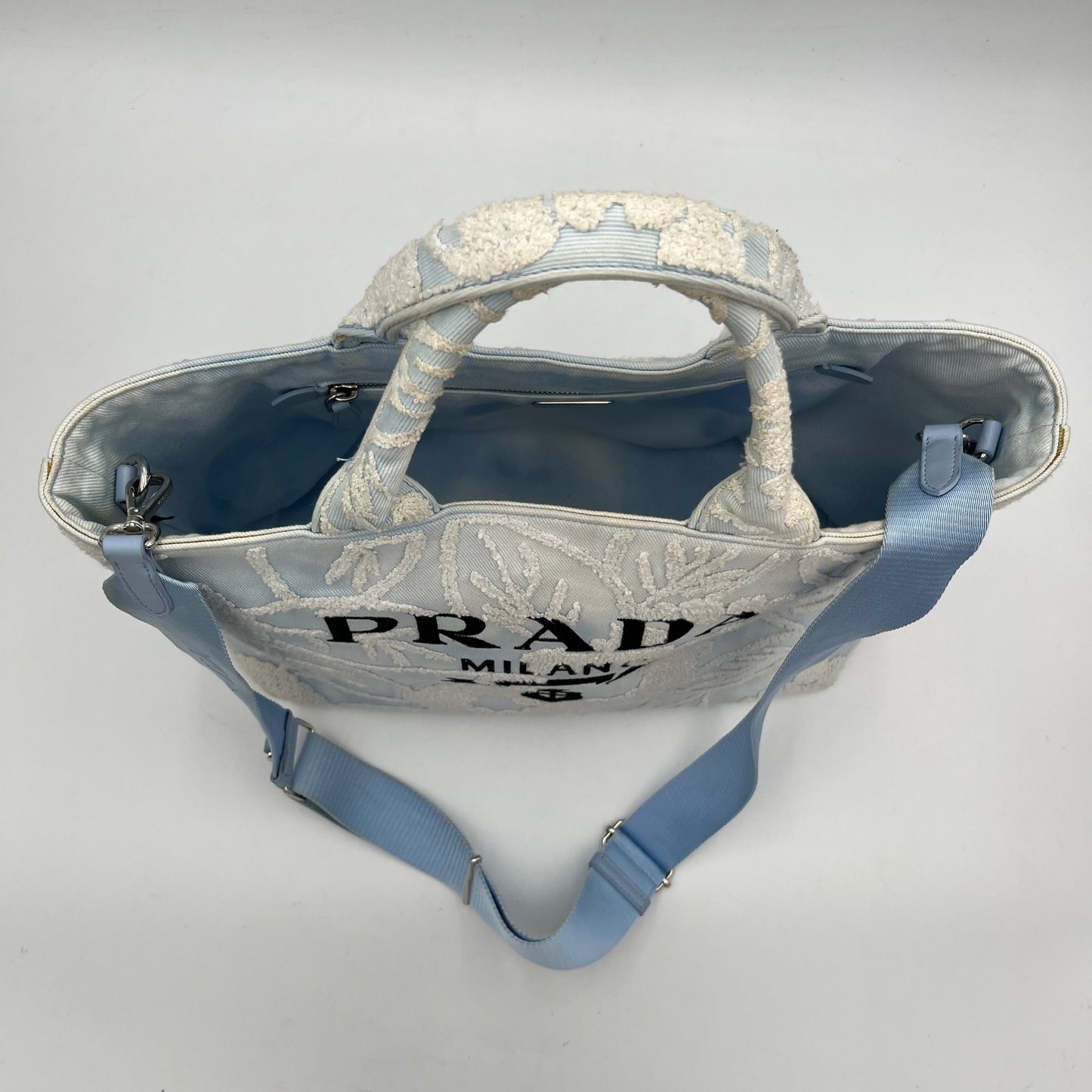 Prada Blue Embroidered Drill Tote with Sling