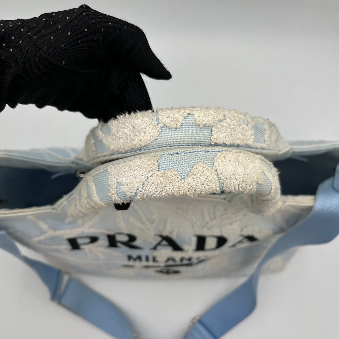 Prada Blue Embroidered Drill Tote with Sling