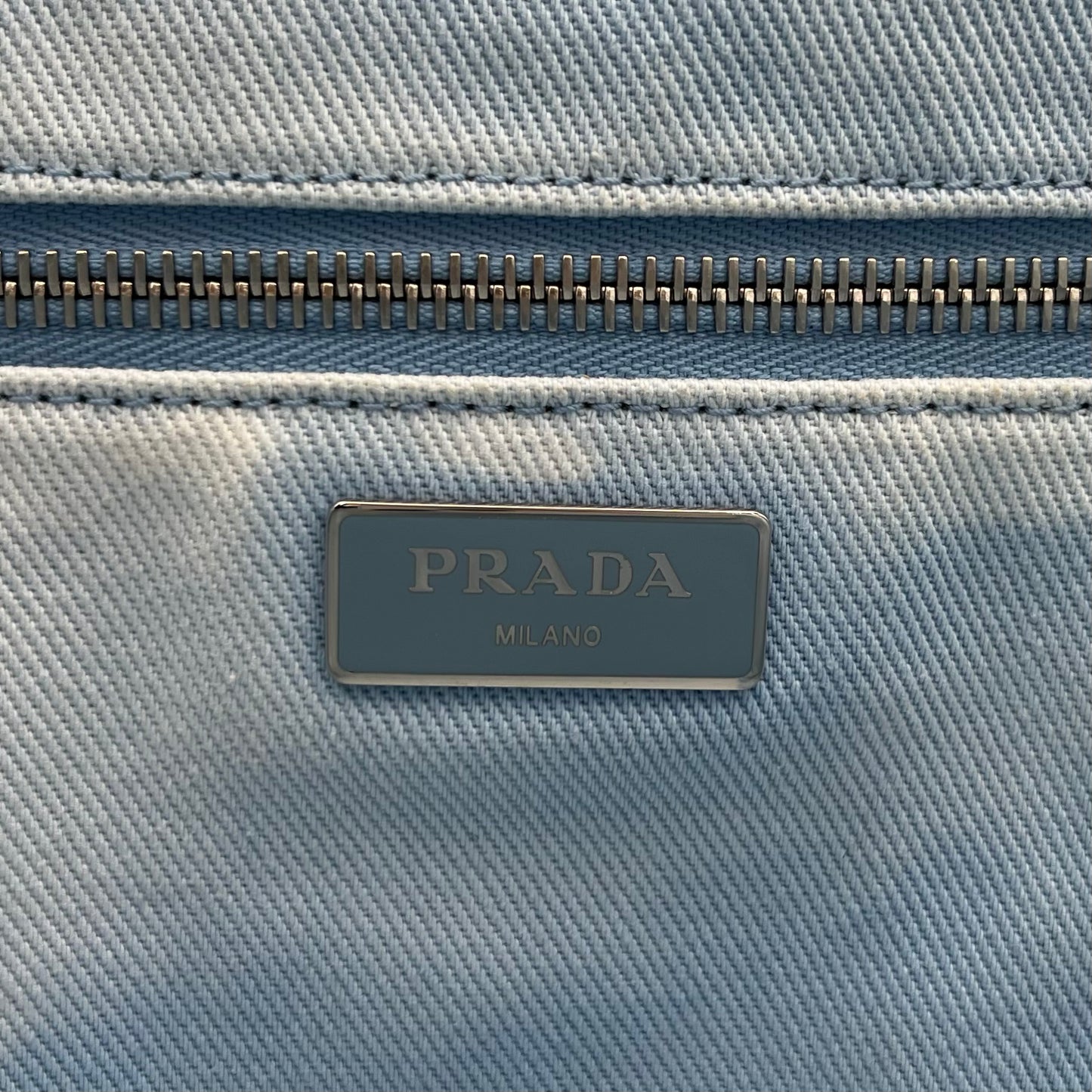 Prada Blue Embroidered Drill Tote with Sling