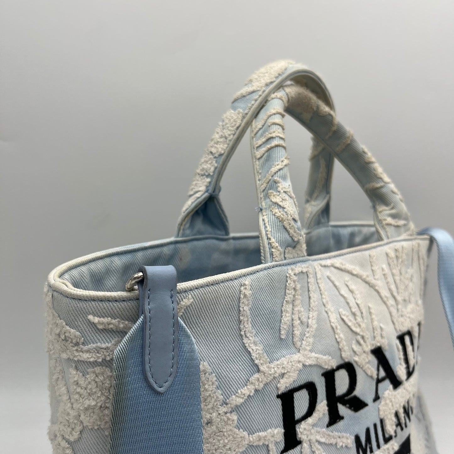 Prada Blue Embroidered Drill Tote with Sling