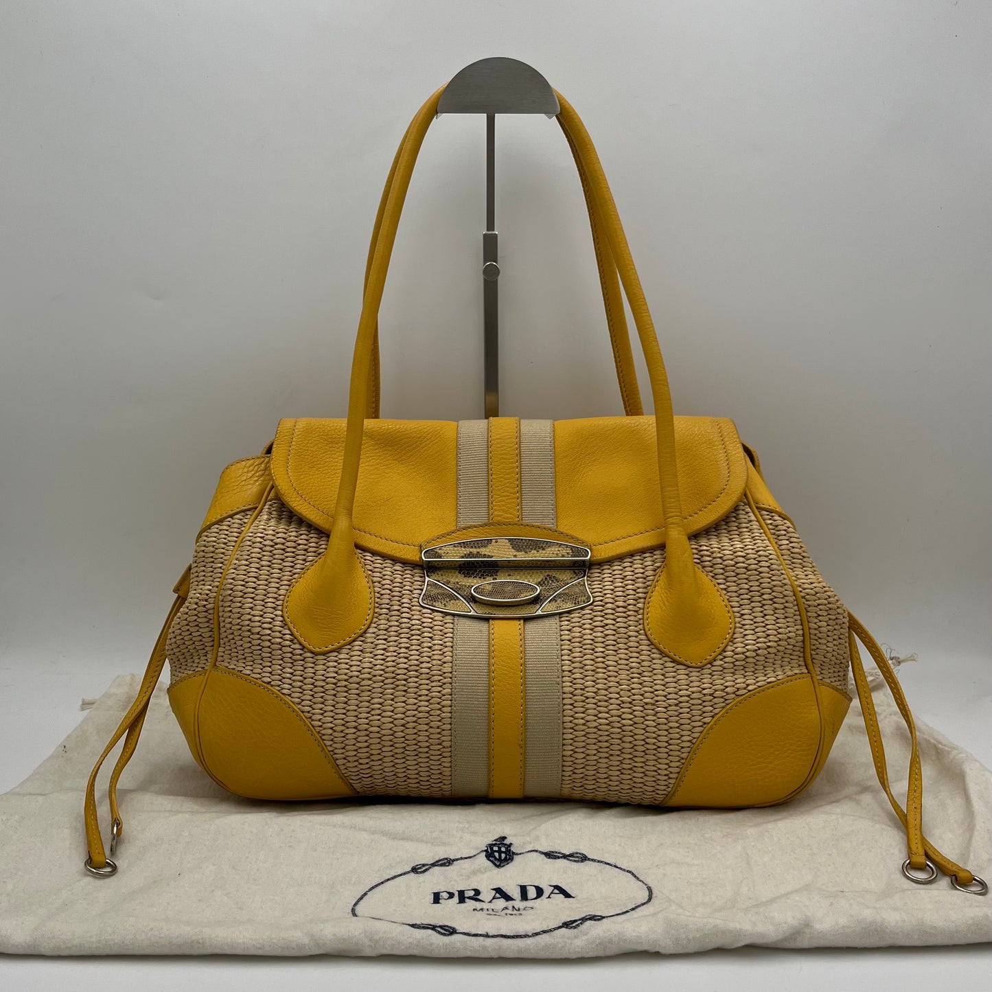 Prada Lizard Trimmed Yellow Leather Raffia Shoulder Bag