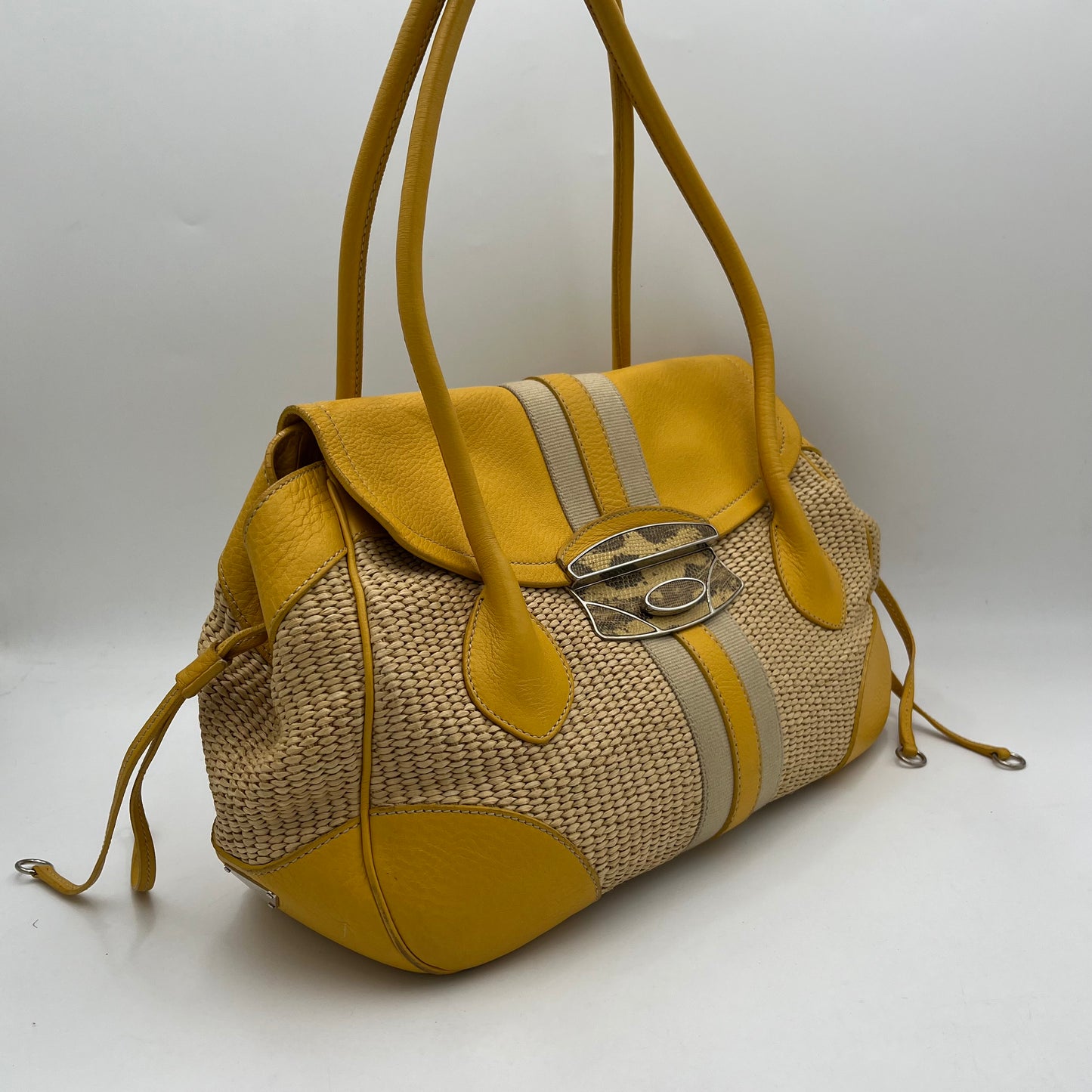 Prada Lizard Trimmed Yellow Leather Raffia Shoulder Bag