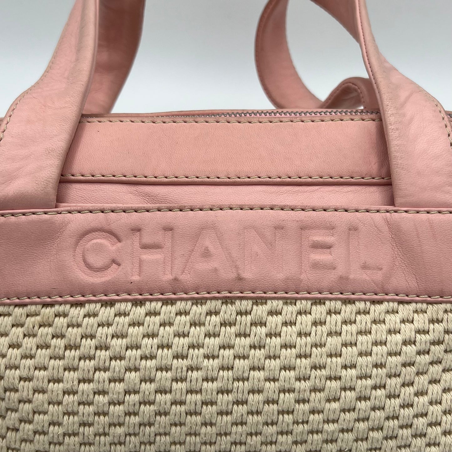Chanel 2005 LAX Pink Lambskin Beige Crochet Bowler Bag