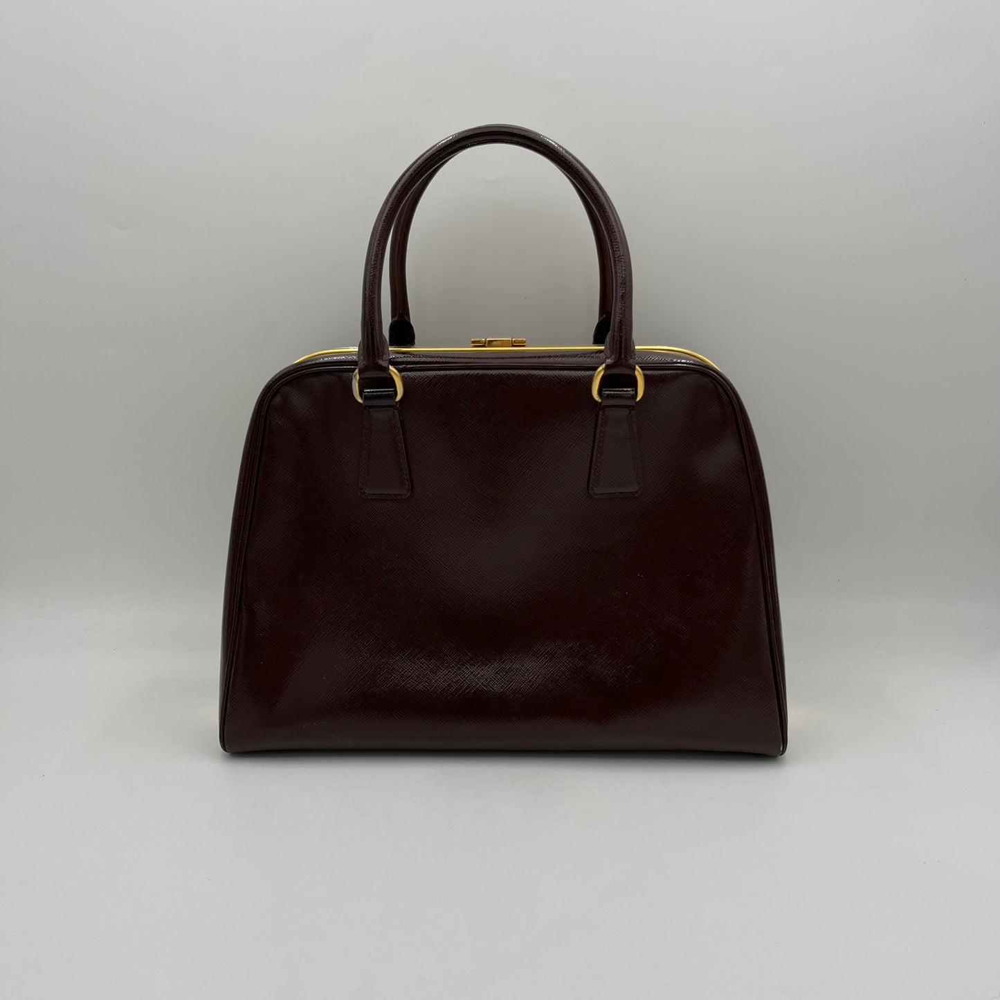 Prada Burgundy Saffiano Vernice Pyramid Frame Handbag