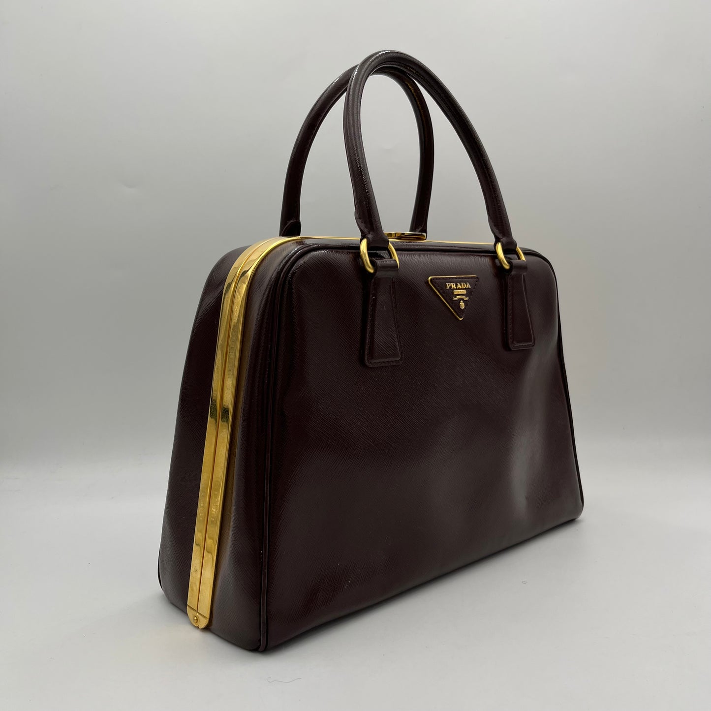 Prada Burgundy Saffiano Vernice Pyramid Frame Handbag