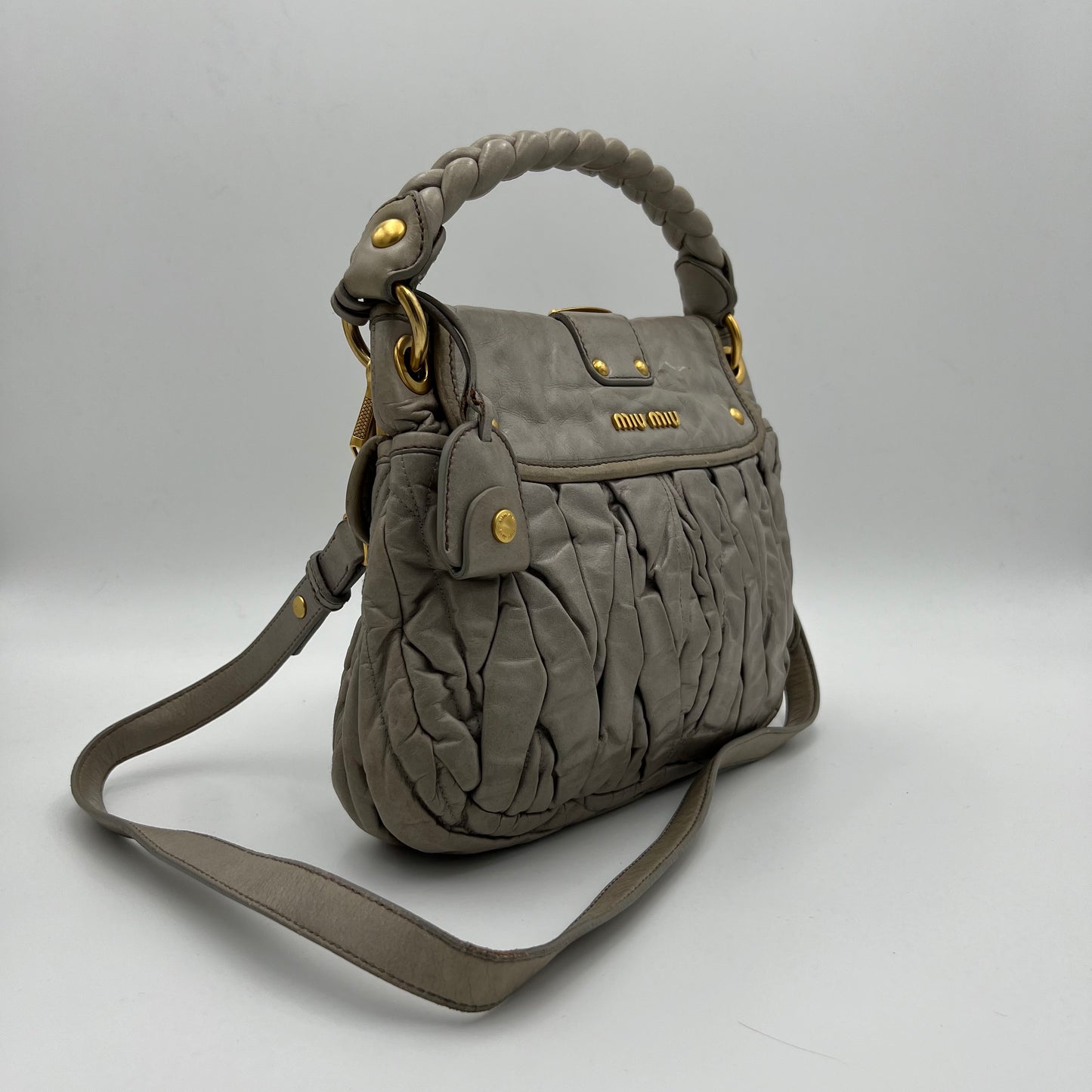 Miu Miu Light Gray Coffer Leather Matelasse Small Two-Way Bag