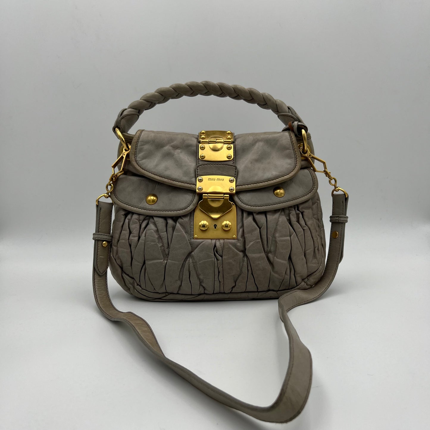 Miu Miu Light Gray Coffer Leather Matelasse Small Two-Way Bag