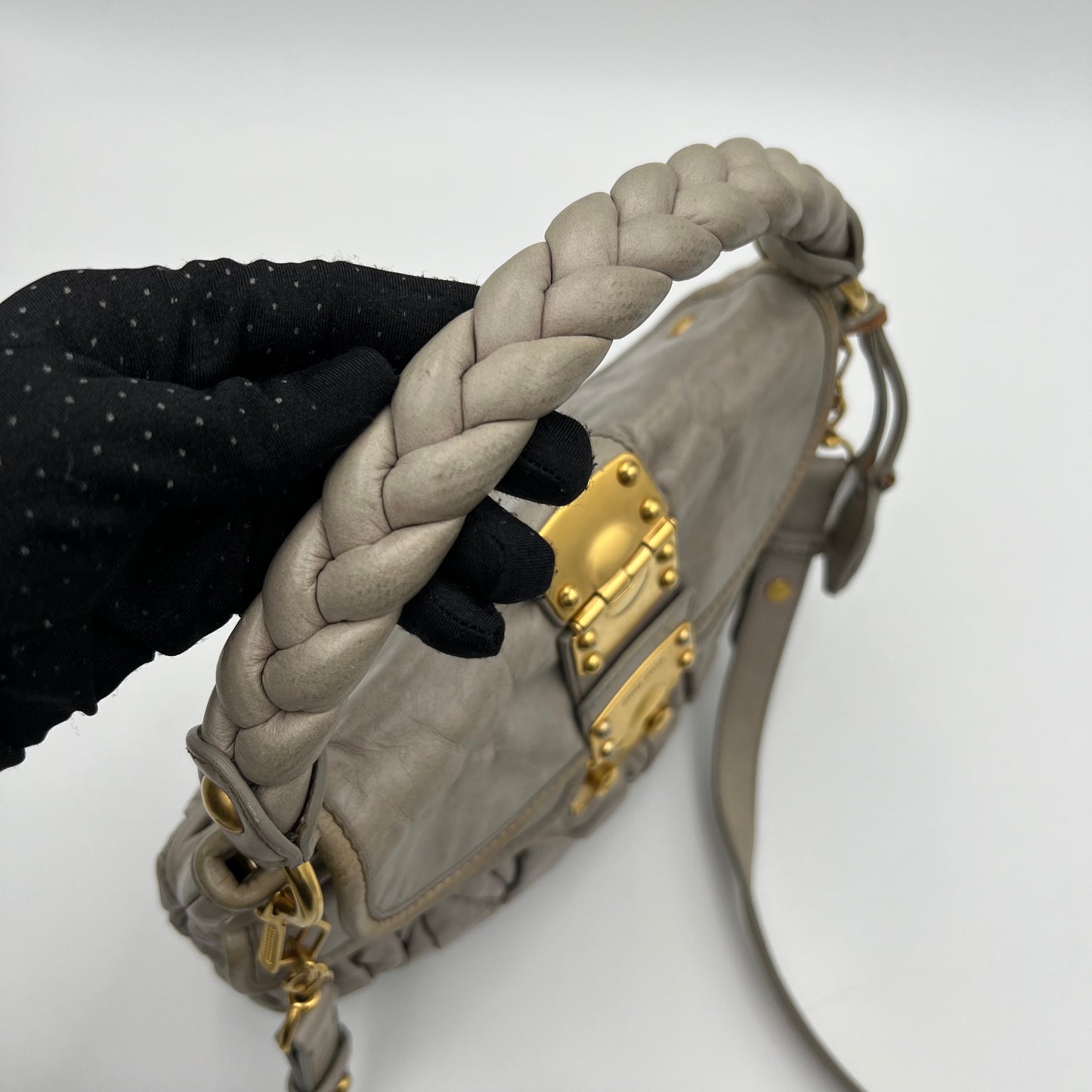 Miu Miu Light Gray Coffer Leather Matelasse Small Two-Way Bag