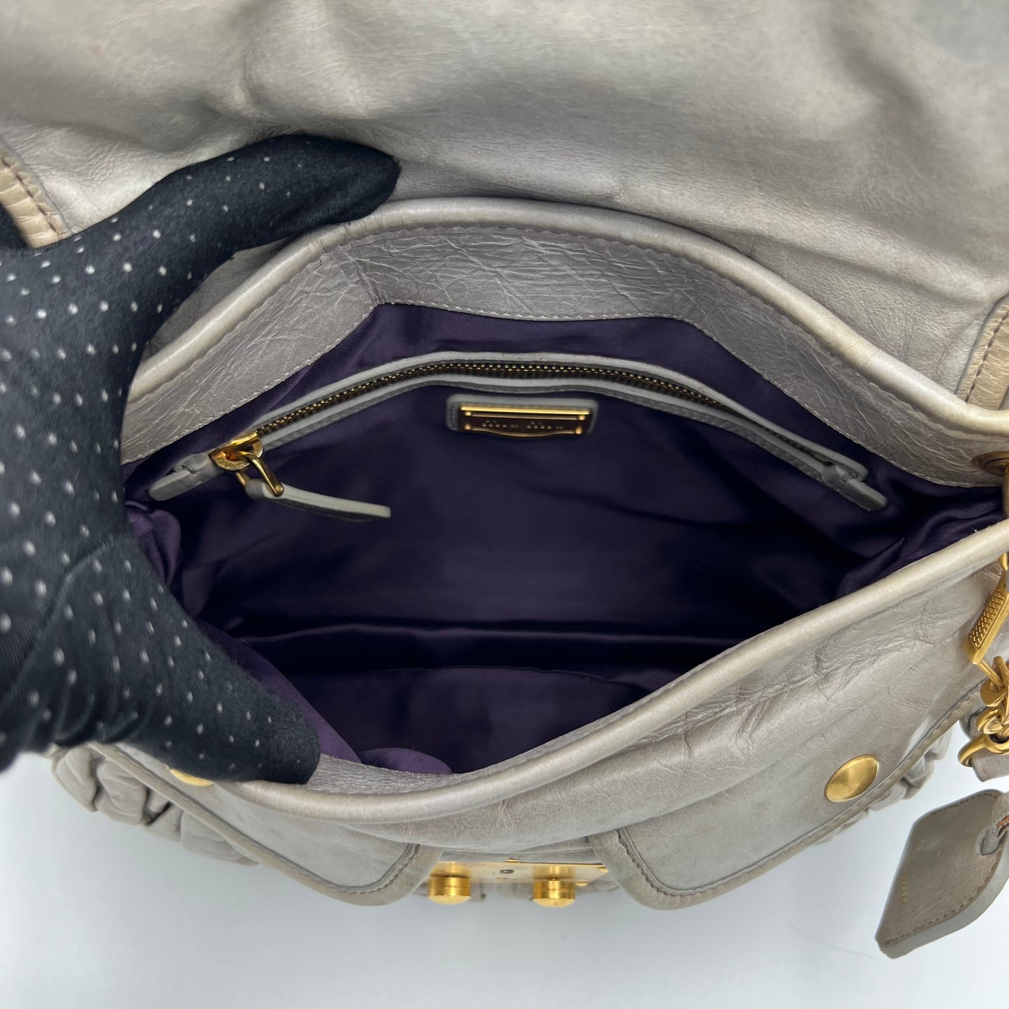 Miu Miu Light Gray Coffer Leather Matelasse Small Two-Way Bag