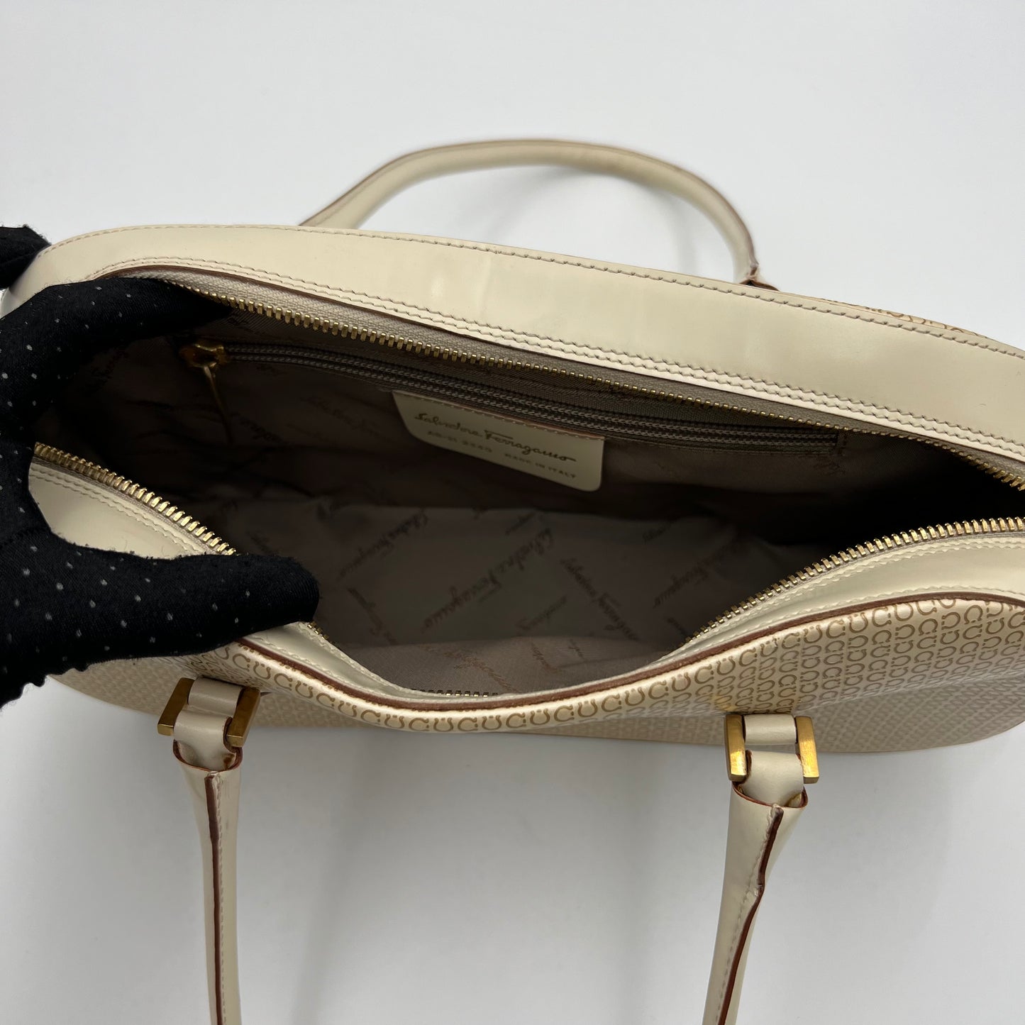 Salvatore Ferragamo Beige Monogram Patent Leather Bauletto