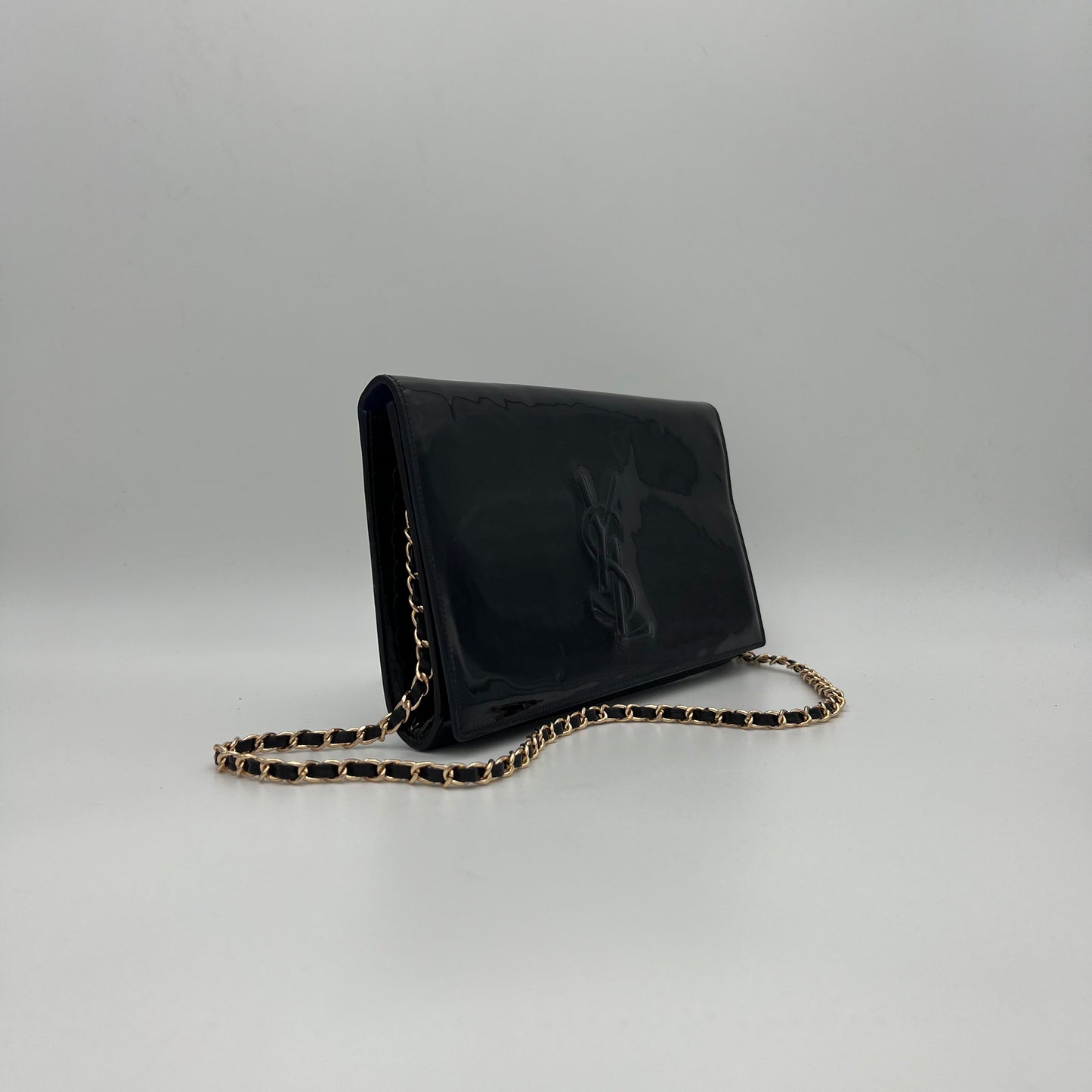 YSL Black Patent Leather Large Belle Du Jour Flap Clutch