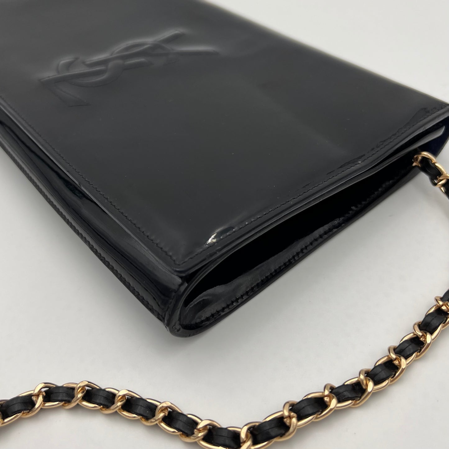 YSL Black Patent Leather Large Belle Du Jour Flap Clutch