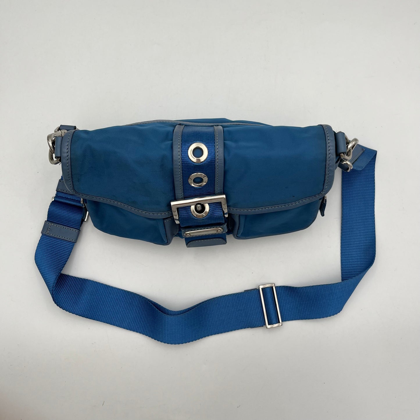 Prada Blue Nylon and Leather Double Pocket Shoulder Sling Bag
