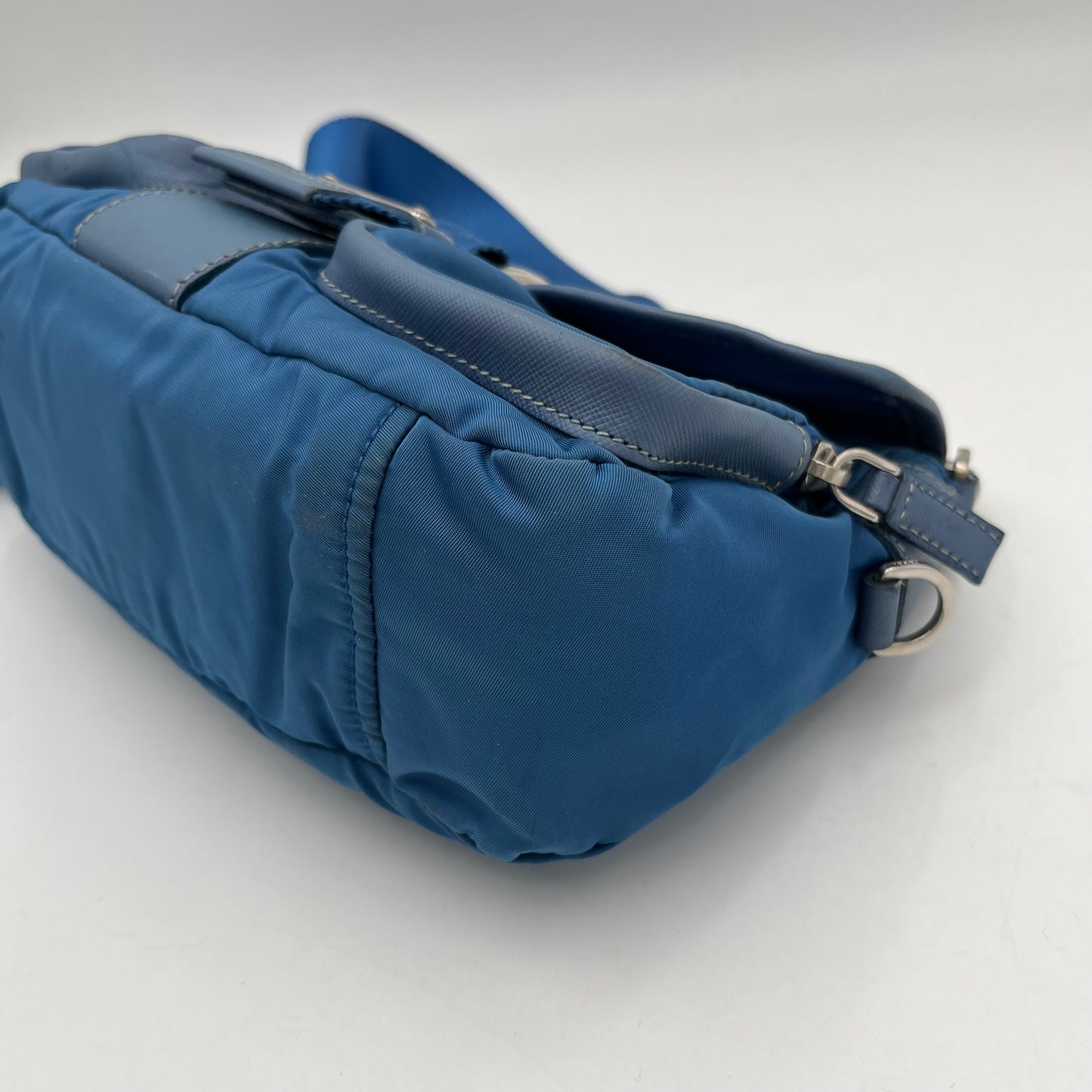 Prada Blue Nylon and Leather Double Pocket Shoulder Sling Bag