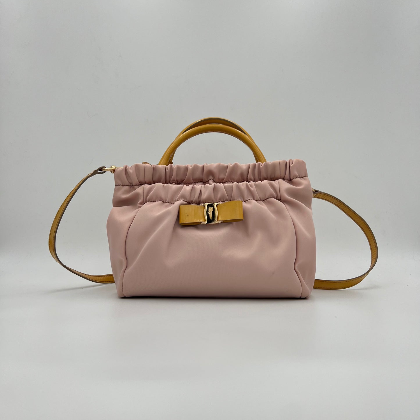 Salvatore Ferragamo Pink Nylon and Yellow Leather Vara Two-Way Bag