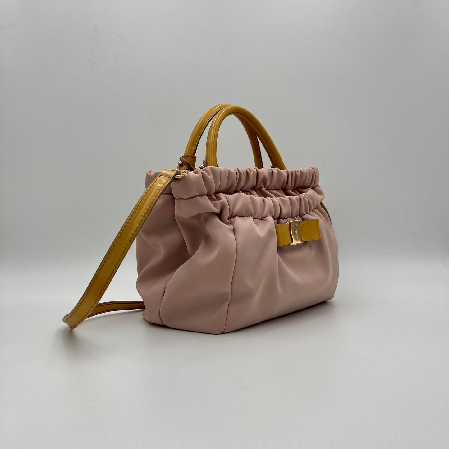 Salvatore Ferragamo Pink Nylon and Yellow Leather Vara Two-Way Bag