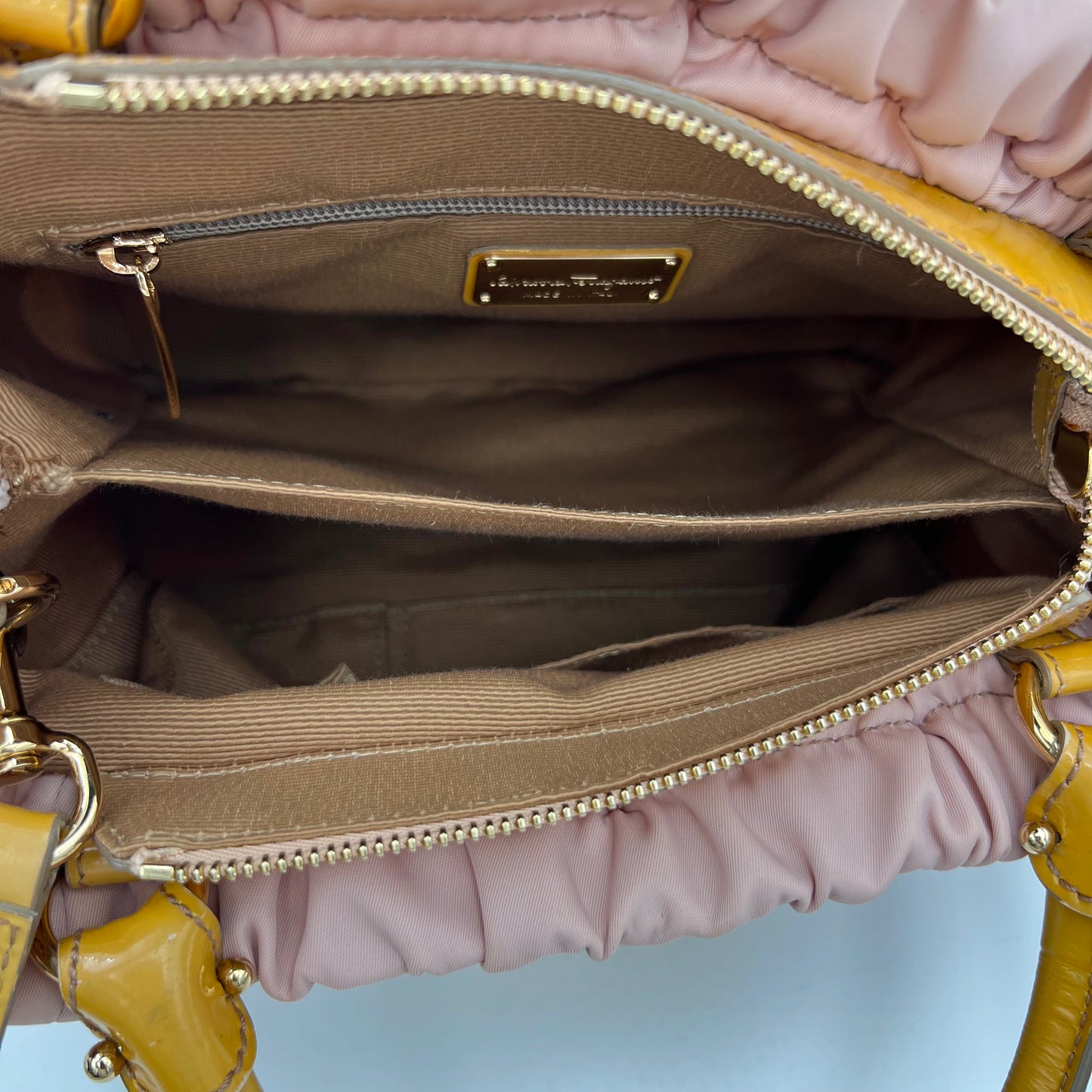 Salvatore Ferragamo Pink Nylon and Yellow Leather Vara Two-Way Bag