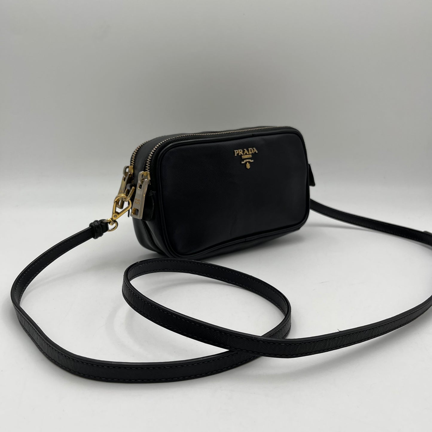 Prada Black Saffiano Double Zip Mini Crossbody