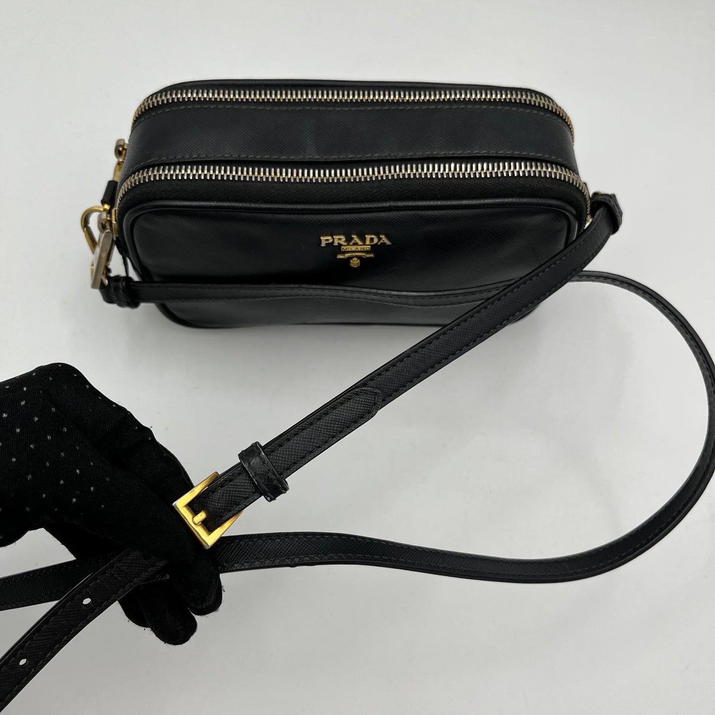 Prada Black Saffiano Double Zip Mini Crossbody