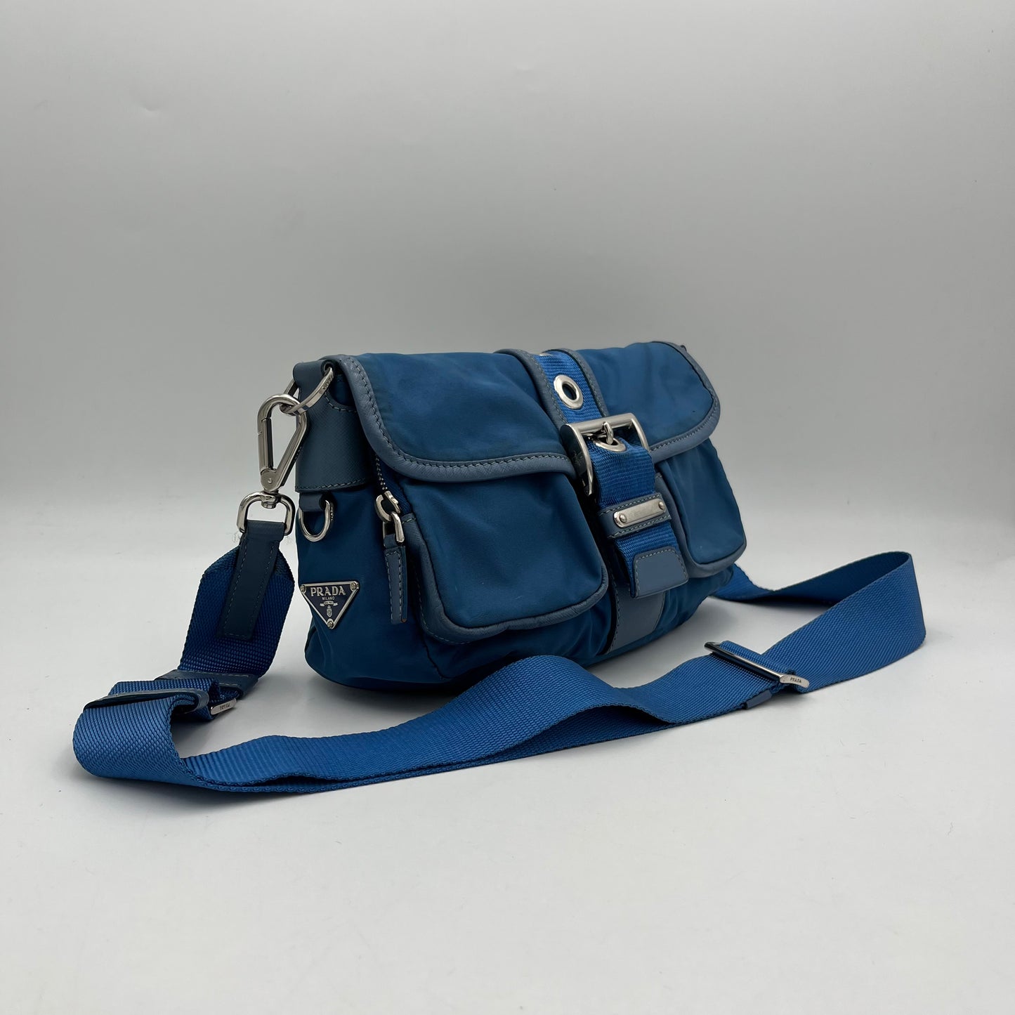 Prada Blue Nylon and Leather Double Pocket Shoulder Sling Bag