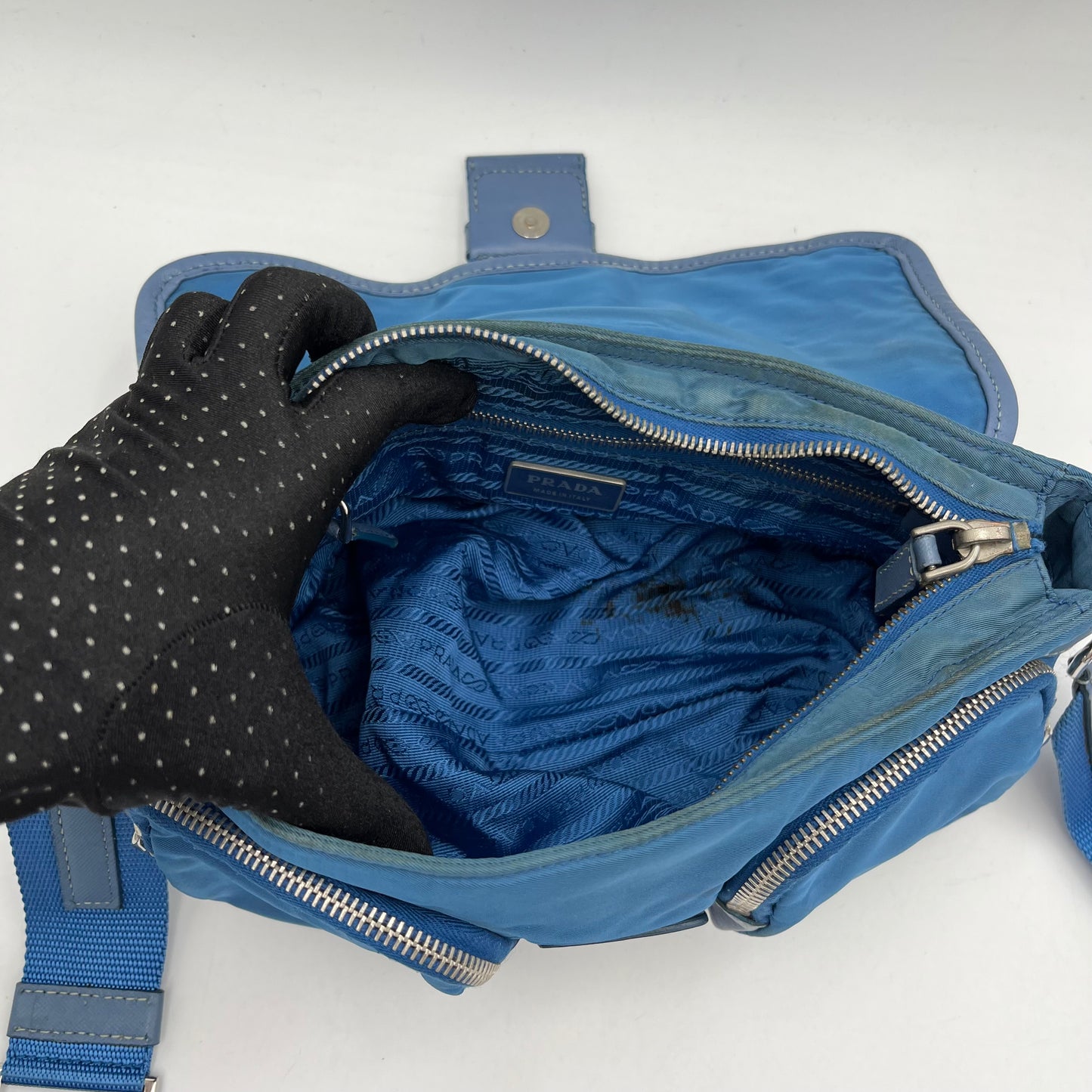 Prada Blue Nylon and Leather Double Pocket Shoulder Sling Bag