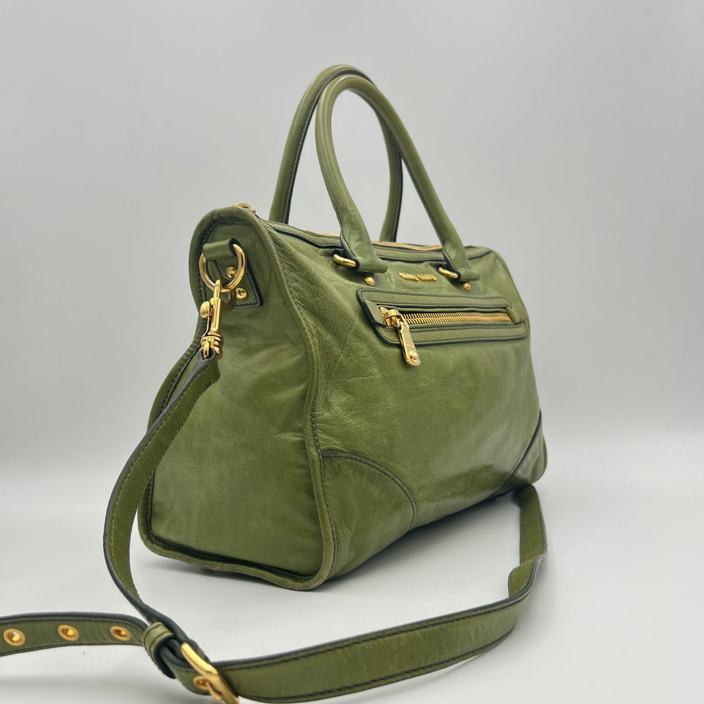 Miu Miu Green Vitello Shine Leather Two-Way Bag