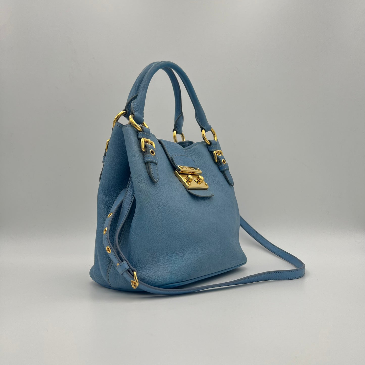 Miu Miu Light Blue Madras Leather Two-Way Satchel