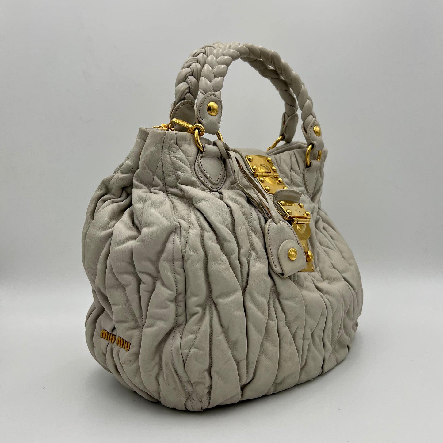 Miu Miu Light Gray Coffer Leather Matelasse Two-Way Bag