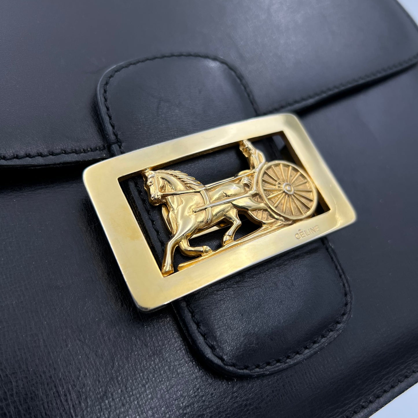 Celine Paris Black Leather Horse Carriage Box Bag