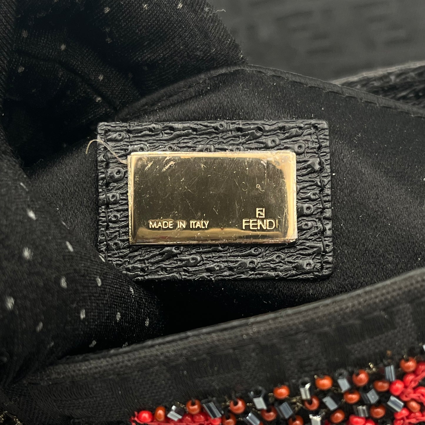 Fendi Black Zucchino Canvas and Leather Beaded Twist Lock Baguette