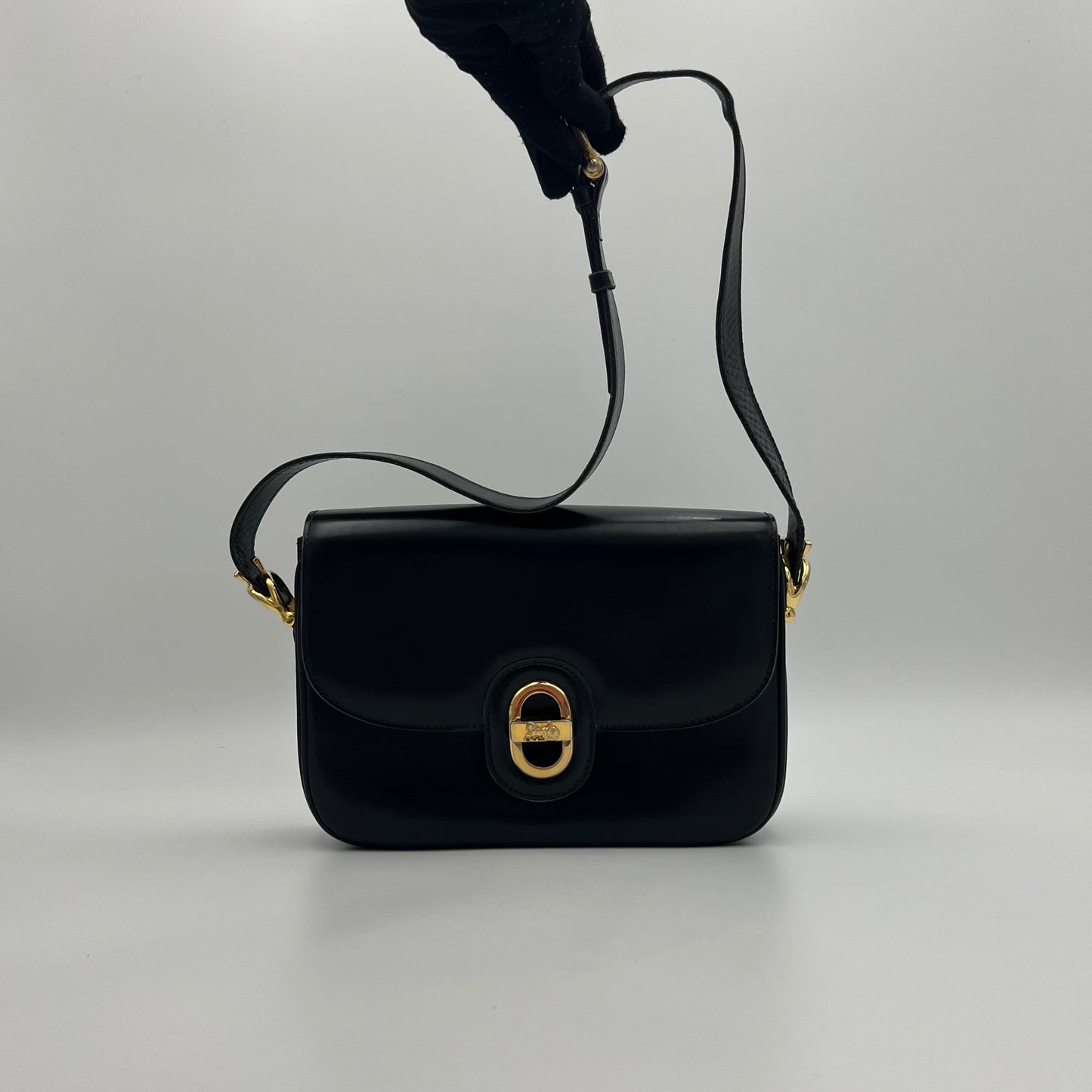 Celine Paris Black Leather Horse Carriage Twist Lock Box Bag