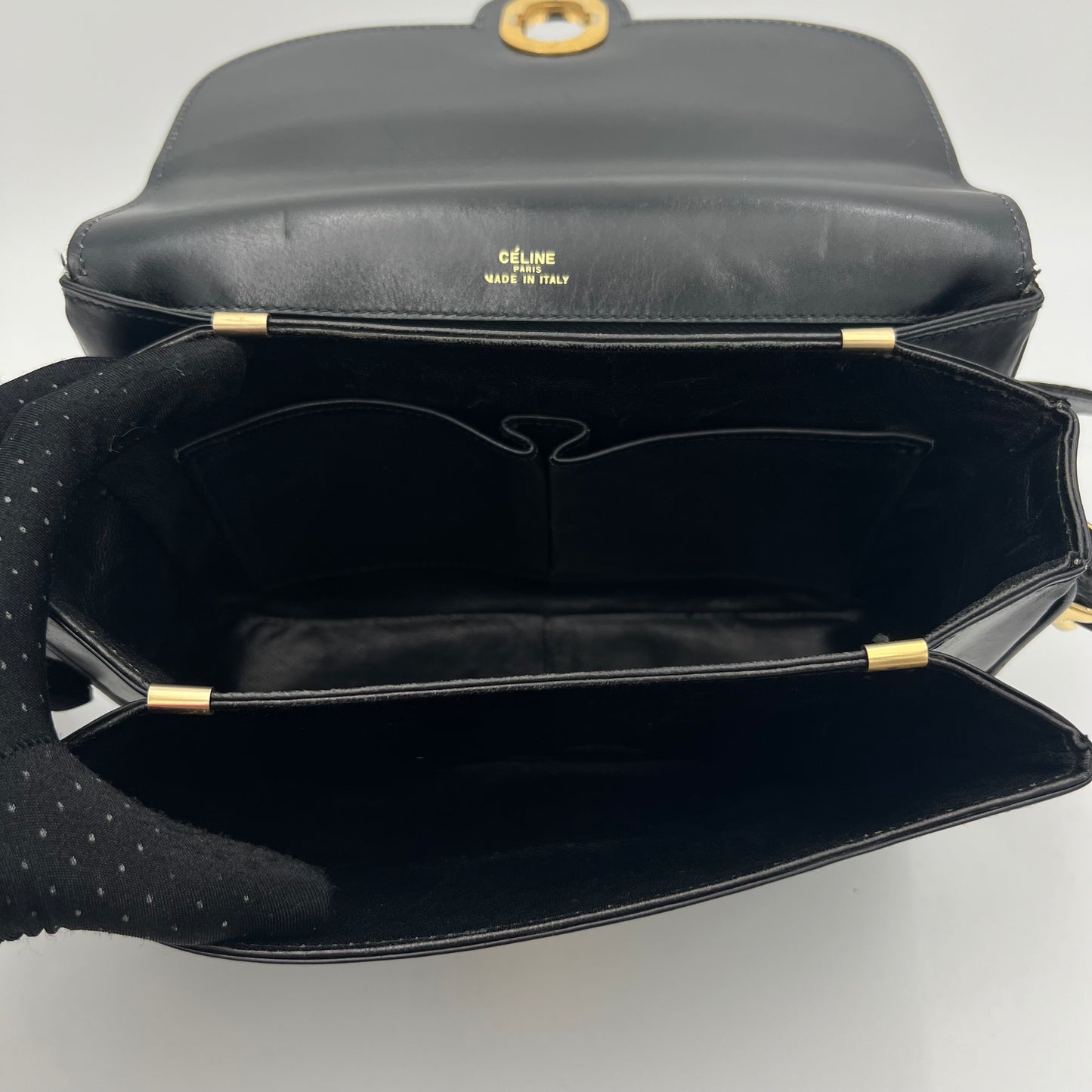 Celine Paris Black Leather Horse Carriage Twist Lock Box Bag