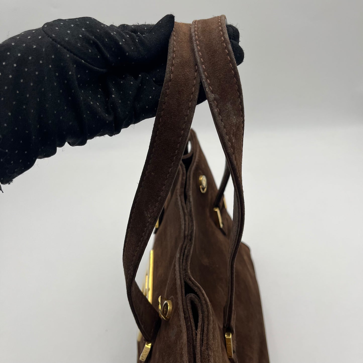 Fendi Vintage Brown Suede Gold FF Logo Handbag