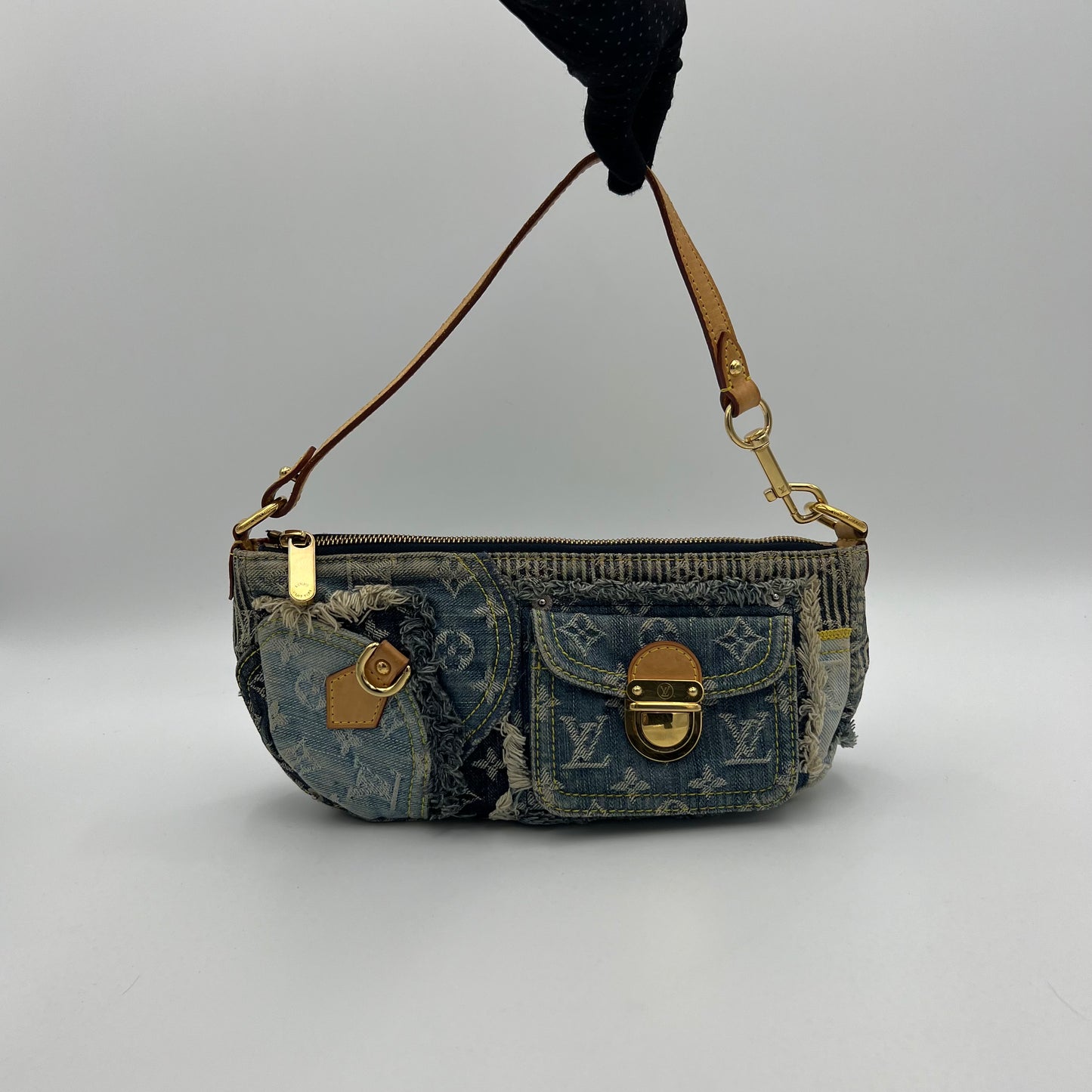 LV Monogram Blue Denim Patchwork Pouchy Shoulder Bag