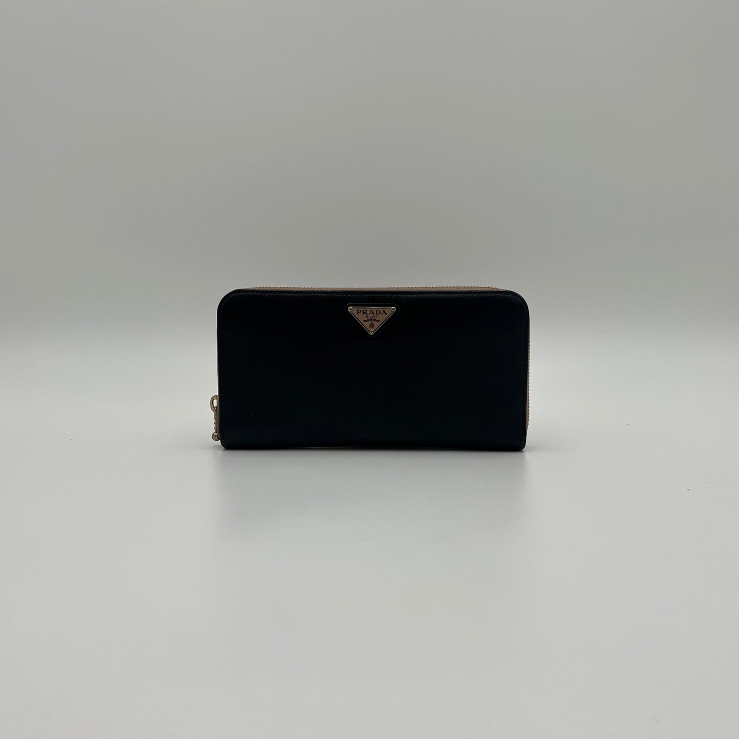 Prada Black Saffiano and Nude Pink Plate Long Zip Around Wallet